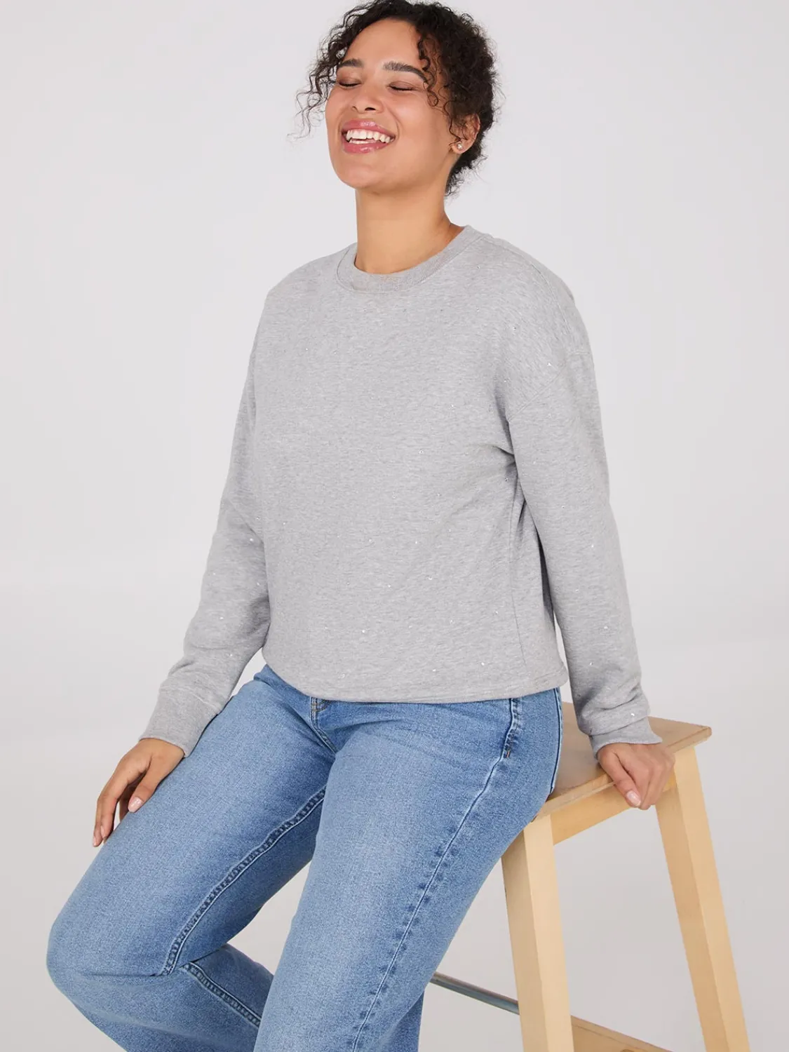 Suzy Shier Lounge & Pjs|Long Sleeve>Melange Fleece Rhinestone Sweatshirt