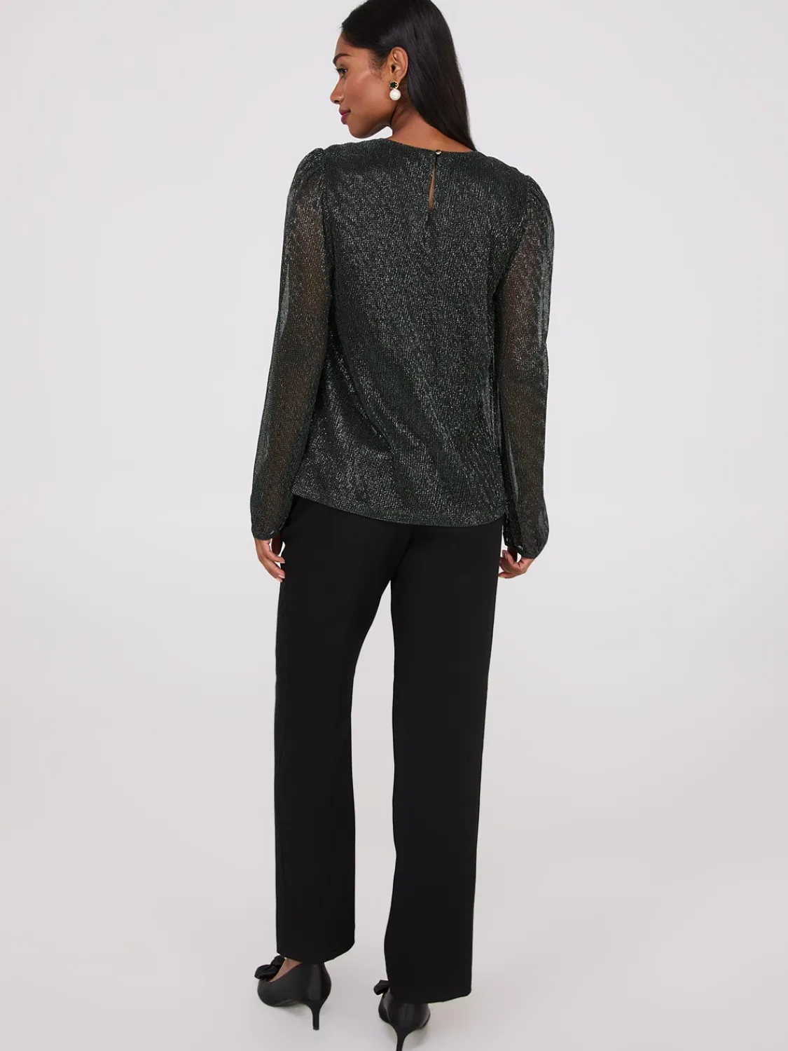 Suzy Shier Long Sleeve|Fashion Tops>Metallic Plisse Mesh Top