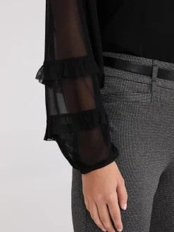 Suzy Shier Tops|Long Sleeve>Mock Neck Mesh Top With Ruffle Details