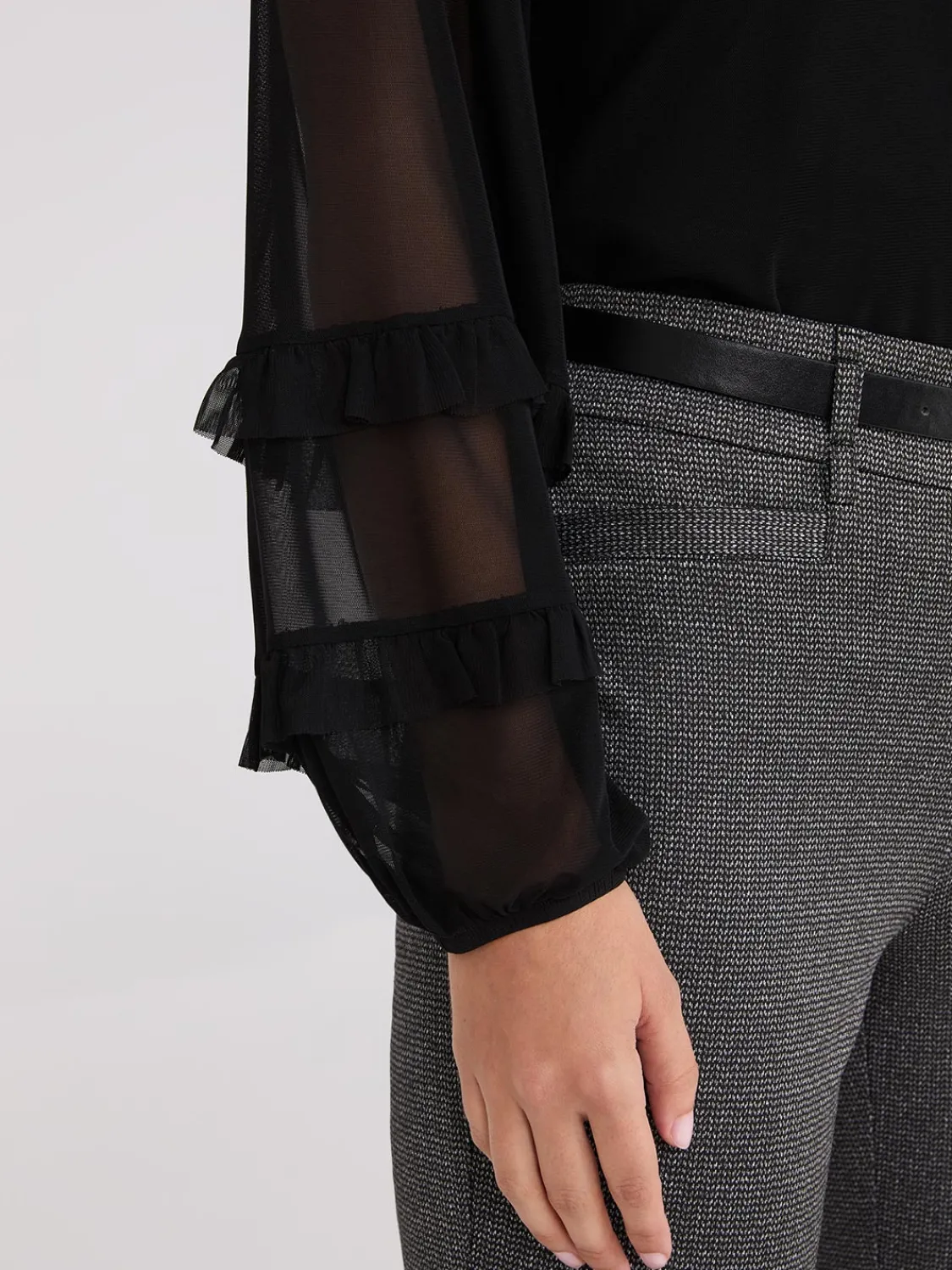 Suzy Shier Tops|Long Sleeve>Mock Neck Mesh Top With Ruffle Details