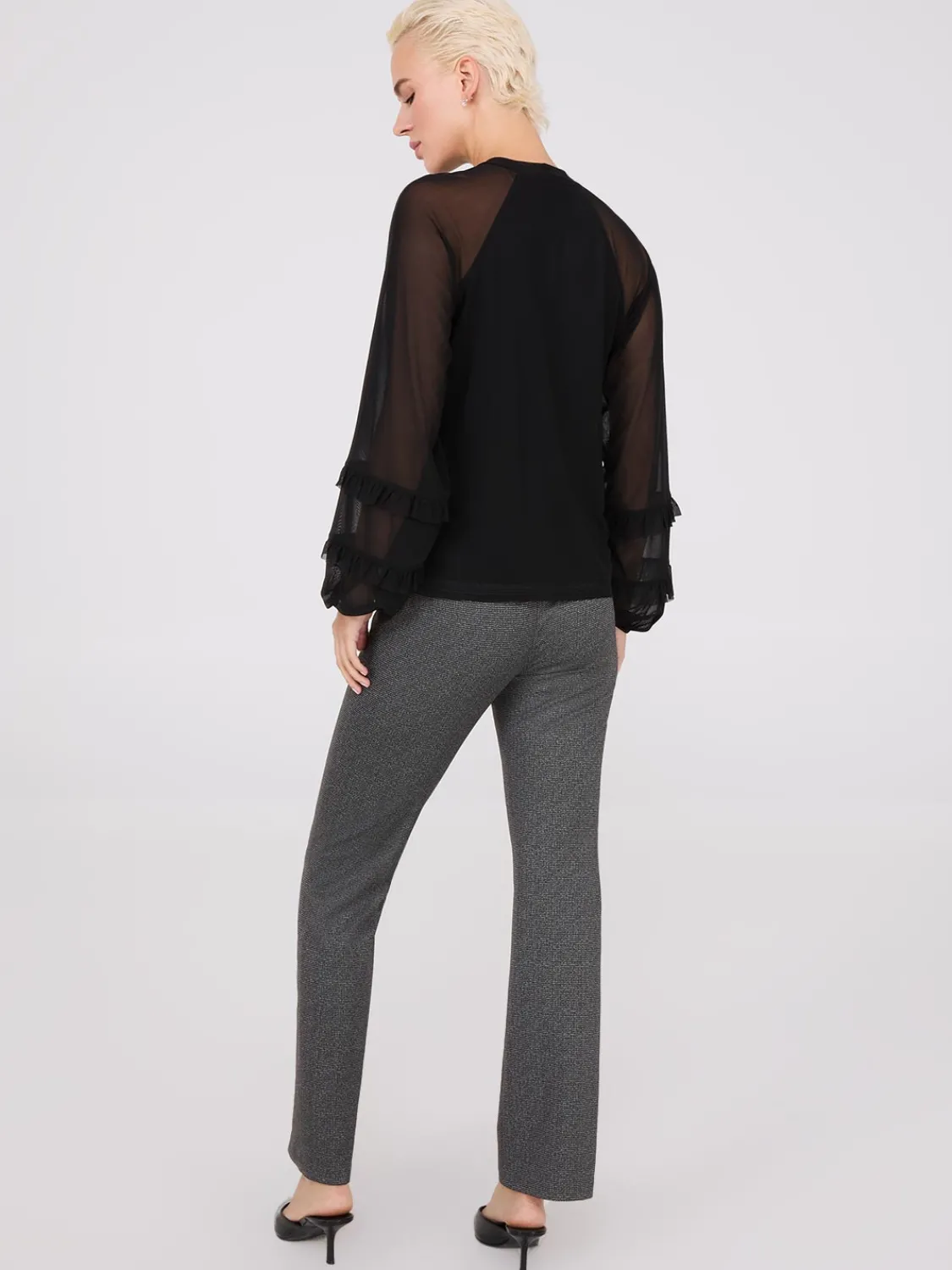 Suzy Shier Tops|Long Sleeve>Mock Neck Mesh Top With Ruffle Details