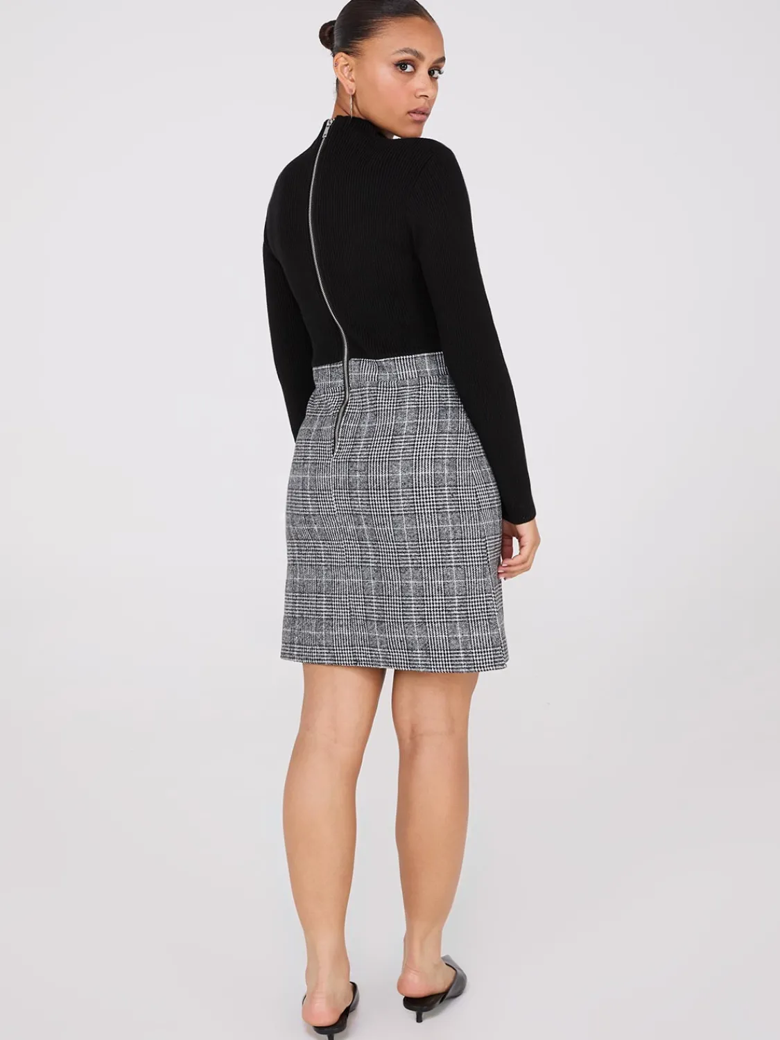 Suzy Shier Mini|Work Dresses>Mock Neck Plaid A-Line 2-Fer Mini Dress