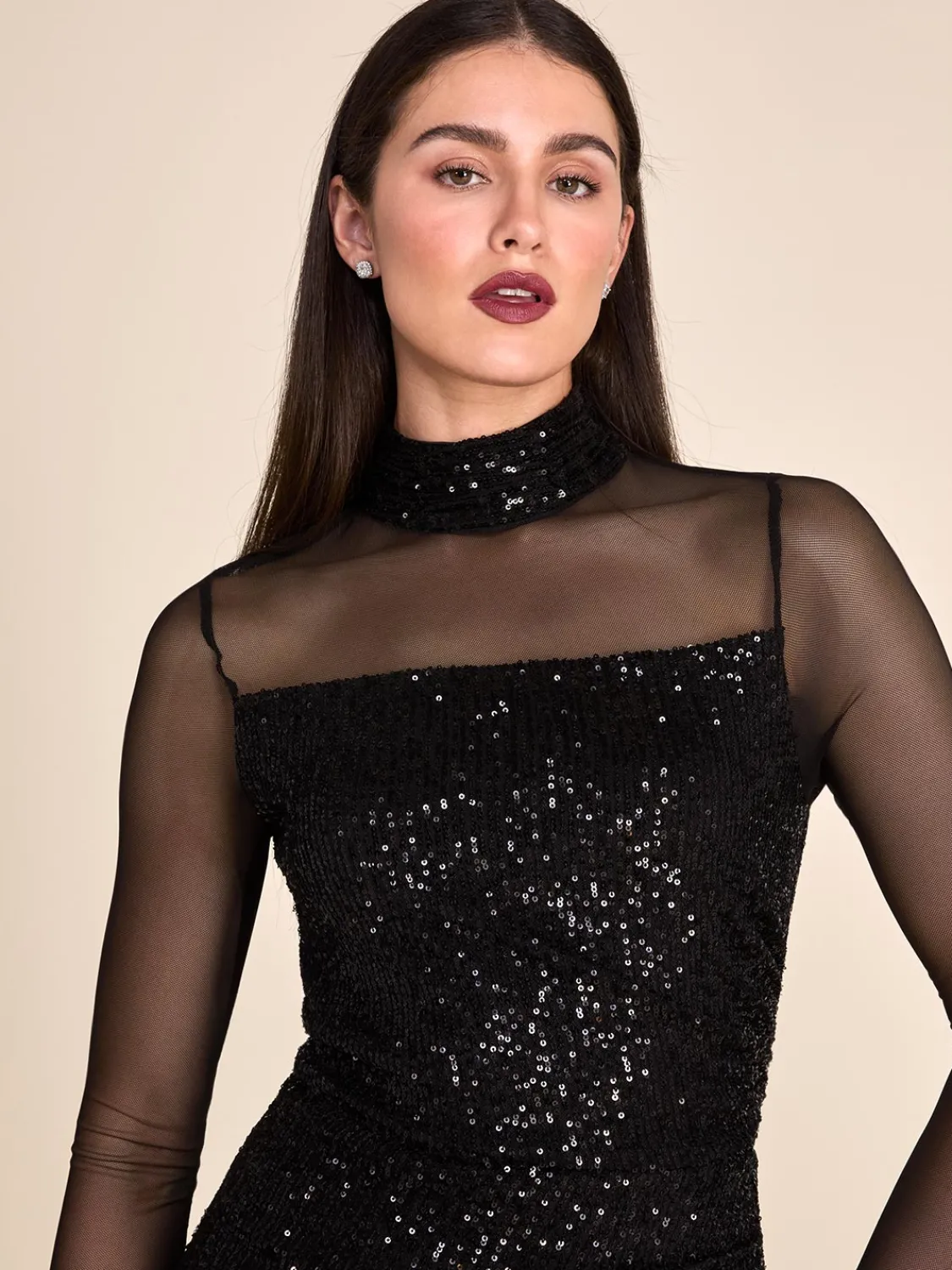 Suzy Shier Evening Gowns - Le Château>Mock Neck Sequin Column Gown