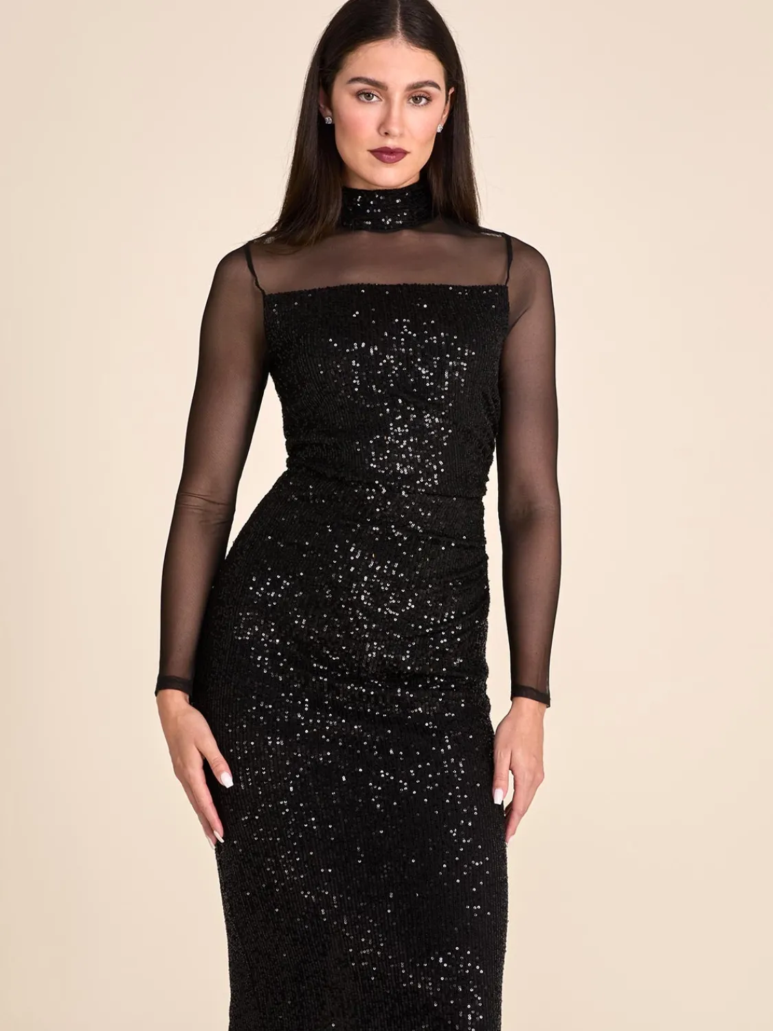 Suzy Shier Evening Gowns - Le Château>Mock Neck Sequin Column Gown