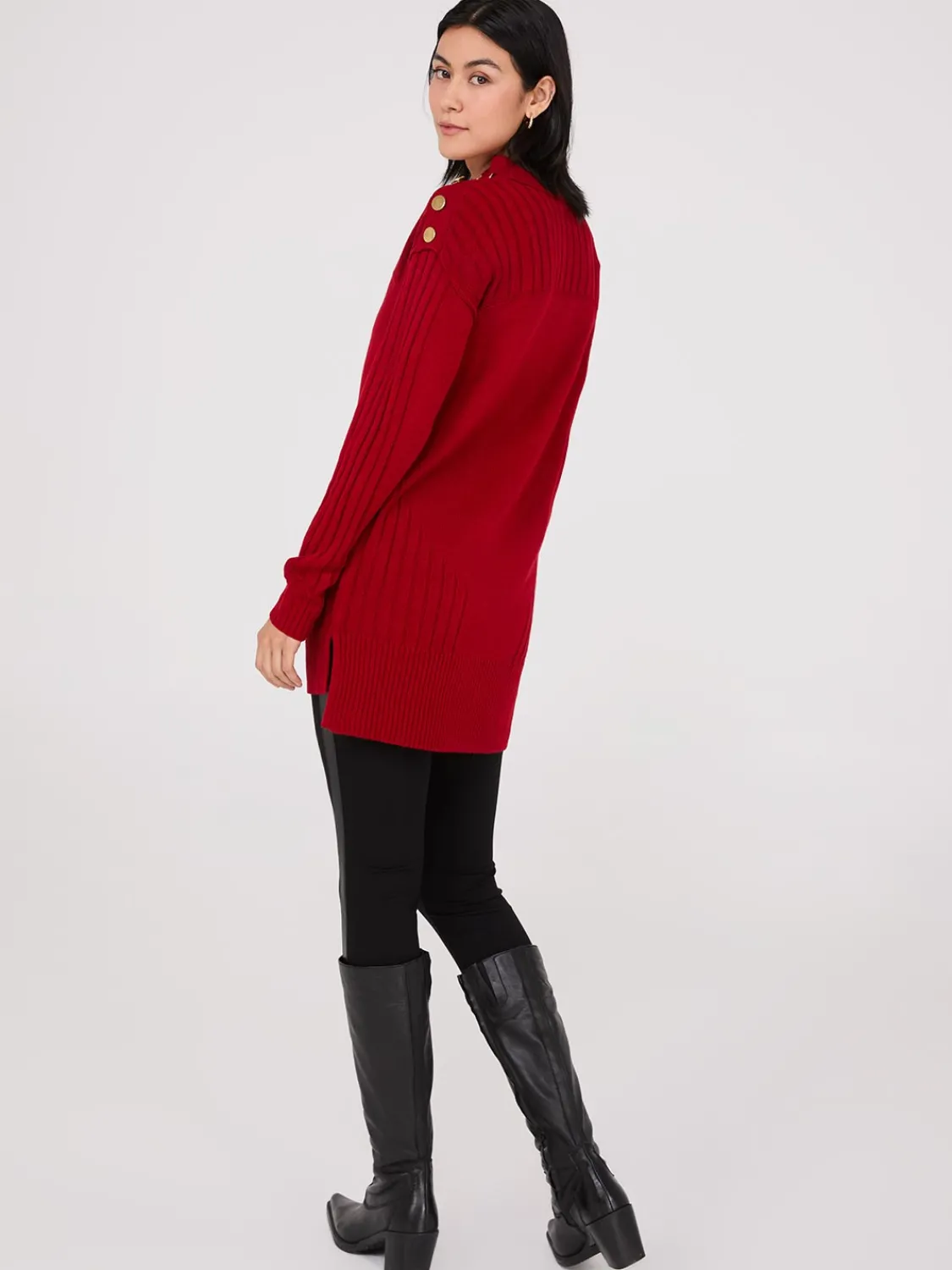 Suzy Shier Long Sleeve|Sweaters & Cardigans>Mock Neck Tunic Sweater With Button Details