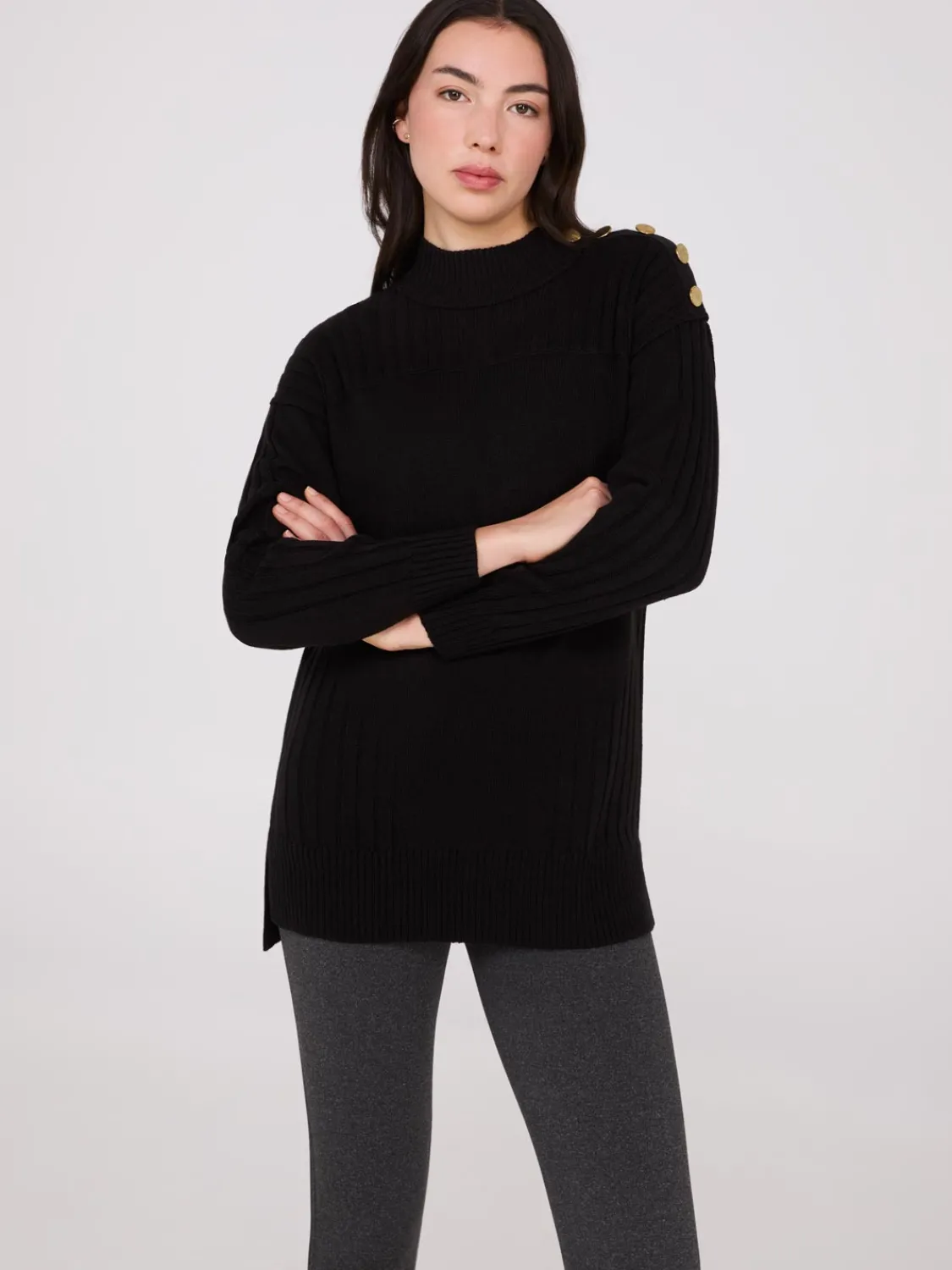 Suzy Shier Long Sleeve|Sweaters & Cardigans>Mock Neck Tunic Sweater With Button Details