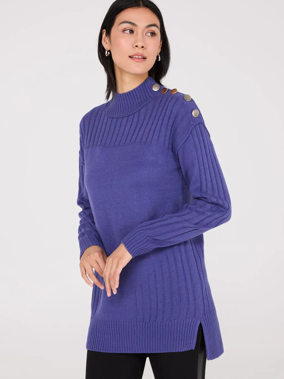 Suzy Shier Long Sleeve|Sweaters & Cardigans>Mock Neck Tunic Sweater With Button Details