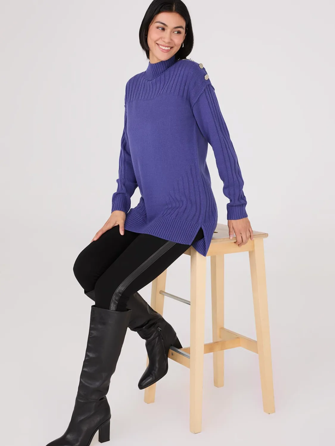 Suzy Shier Long Sleeve|Sweaters & Cardigans>Mock Neck Tunic Sweater With Button Details