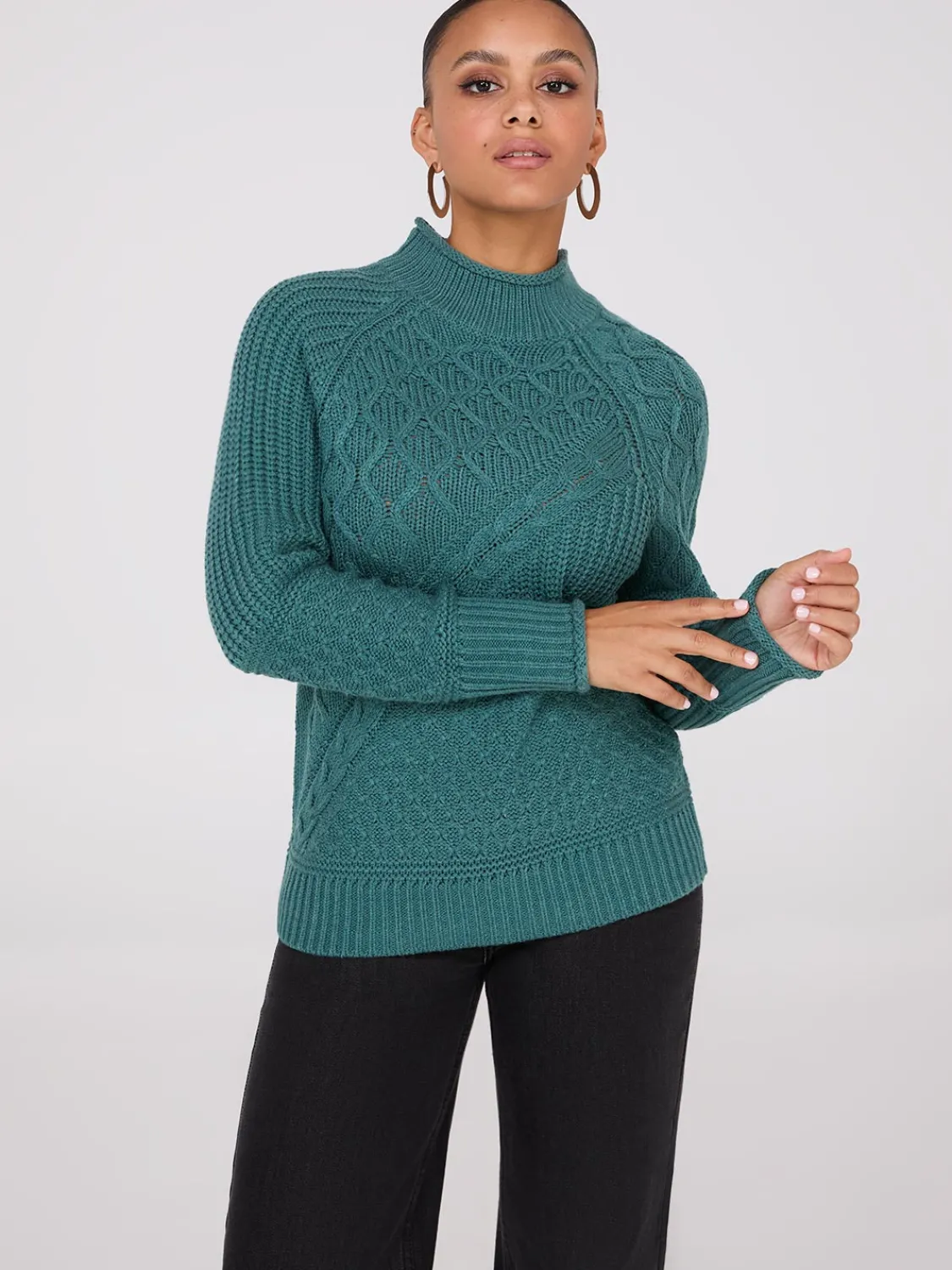 Suzy Shier Long Sleeve|Sweaters & Cardigans>Multi Cable Knit Mock Neck Sweater