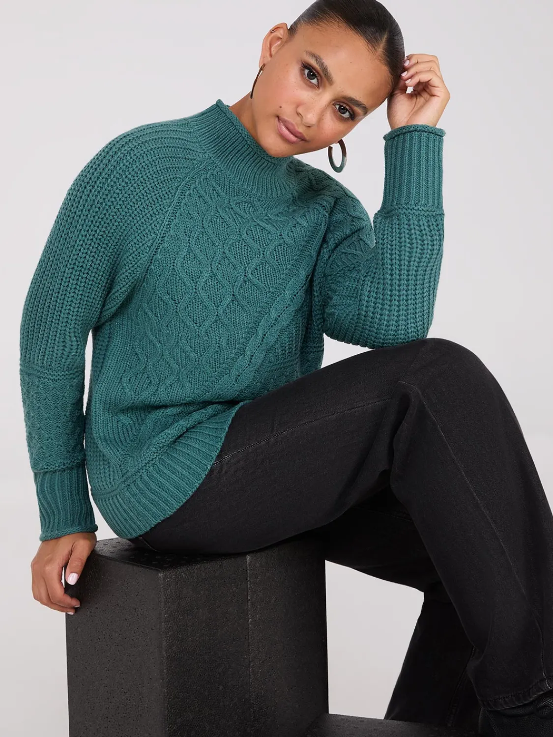 Suzy Shier Long Sleeve|Sweaters & Cardigans>Multi Cable Knit Mock Neck Sweater