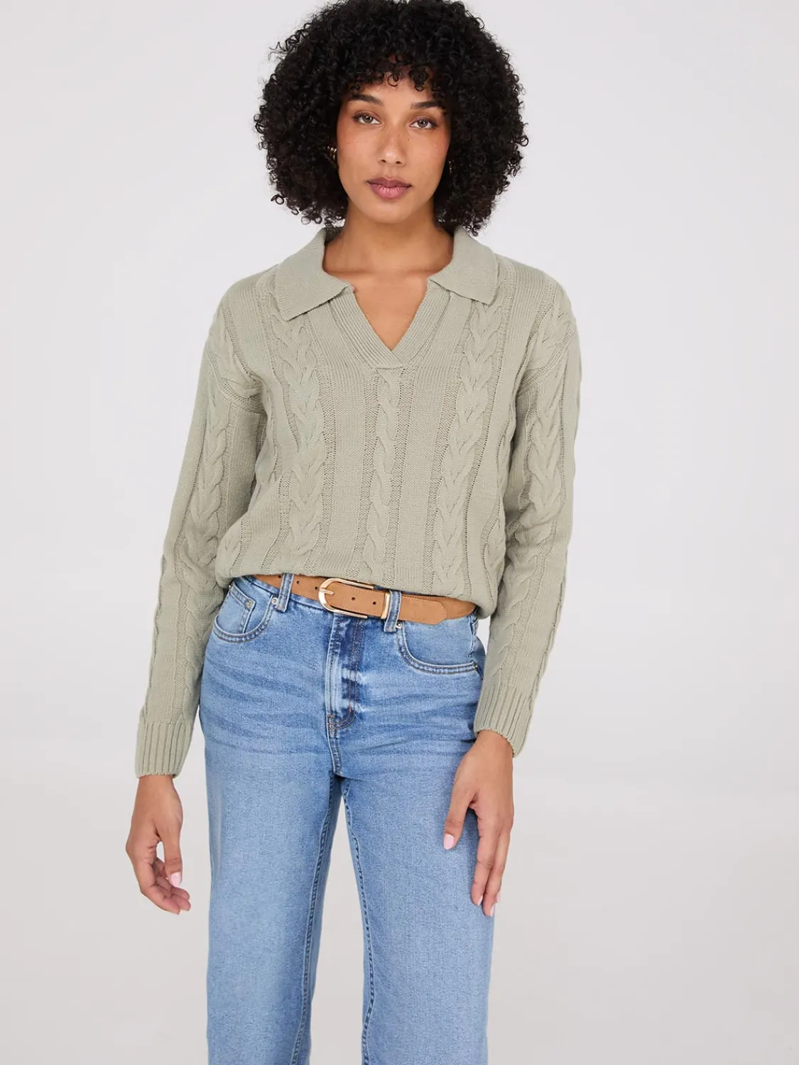 Suzy Shier Long Sleeve|Sweaters & Cardigans>Multi-Cable Johnny Collar Sweater