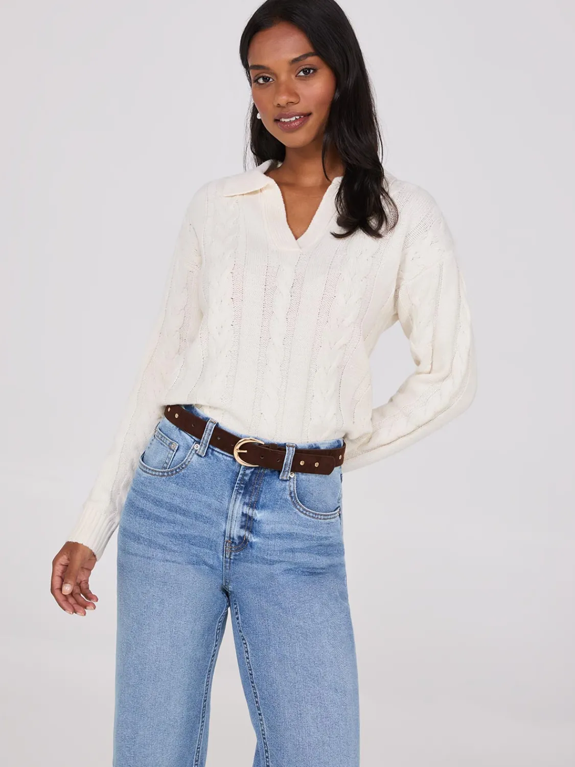 Suzy Shier Long Sleeve|Sweaters & Cardigans>Multi-Cable Johnny Collar Sweater
