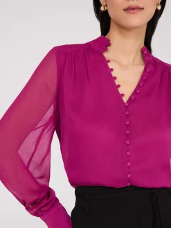 Suzy Shier Tops|Long Sleeve>Nehru Collar Button-Front Chiffon Blouse