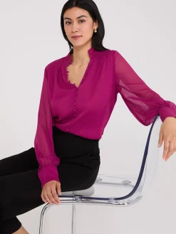 Suzy Shier Tops|Long Sleeve>Nehru Collar Button-Front Chiffon Blouse