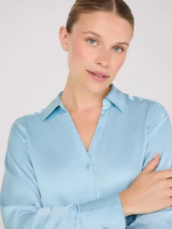 Suzy Shier Tops|Long Sleeve>Notch Collar Button-Front Satin Blouse