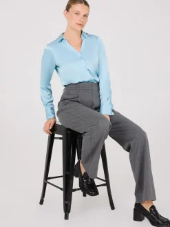 Suzy Shier Tops|Long Sleeve>Notch Collar Button-Front Satin Blouse