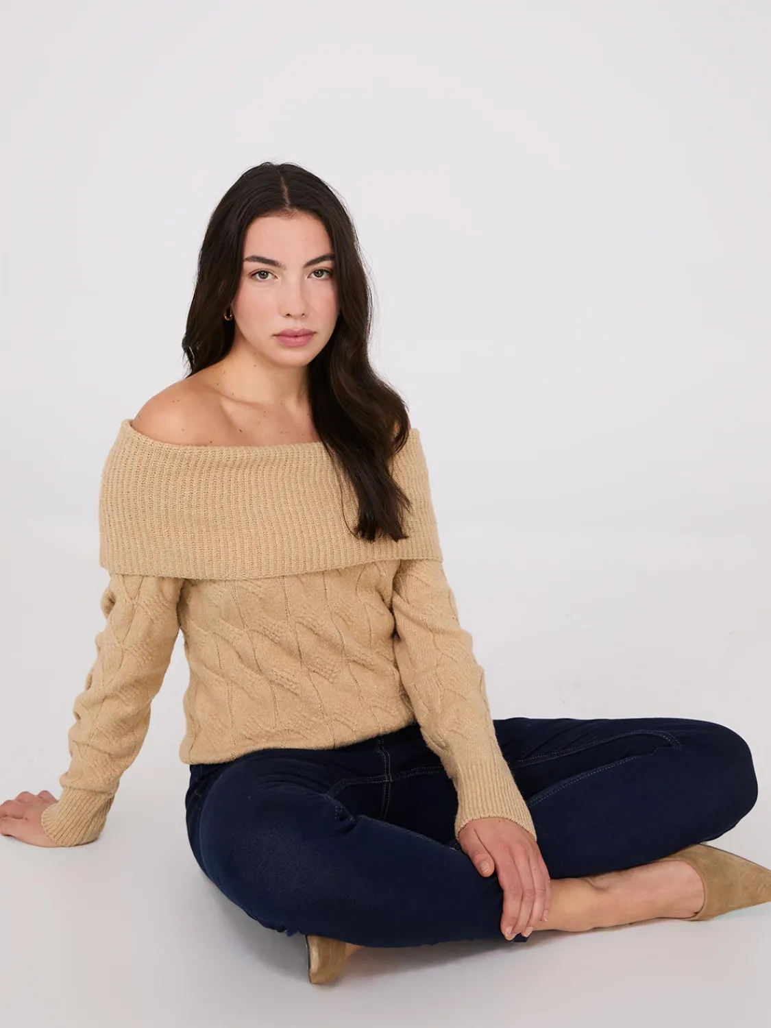 Suzy Shier Long Sleeve|Sweaters & Cardigans>Off-The-Shoulder Cable Knit Sweater