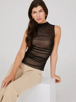 Suzy Shier Tops|Sleeveless>One-Shoulder Mock Neck Top With Mesh Overlay