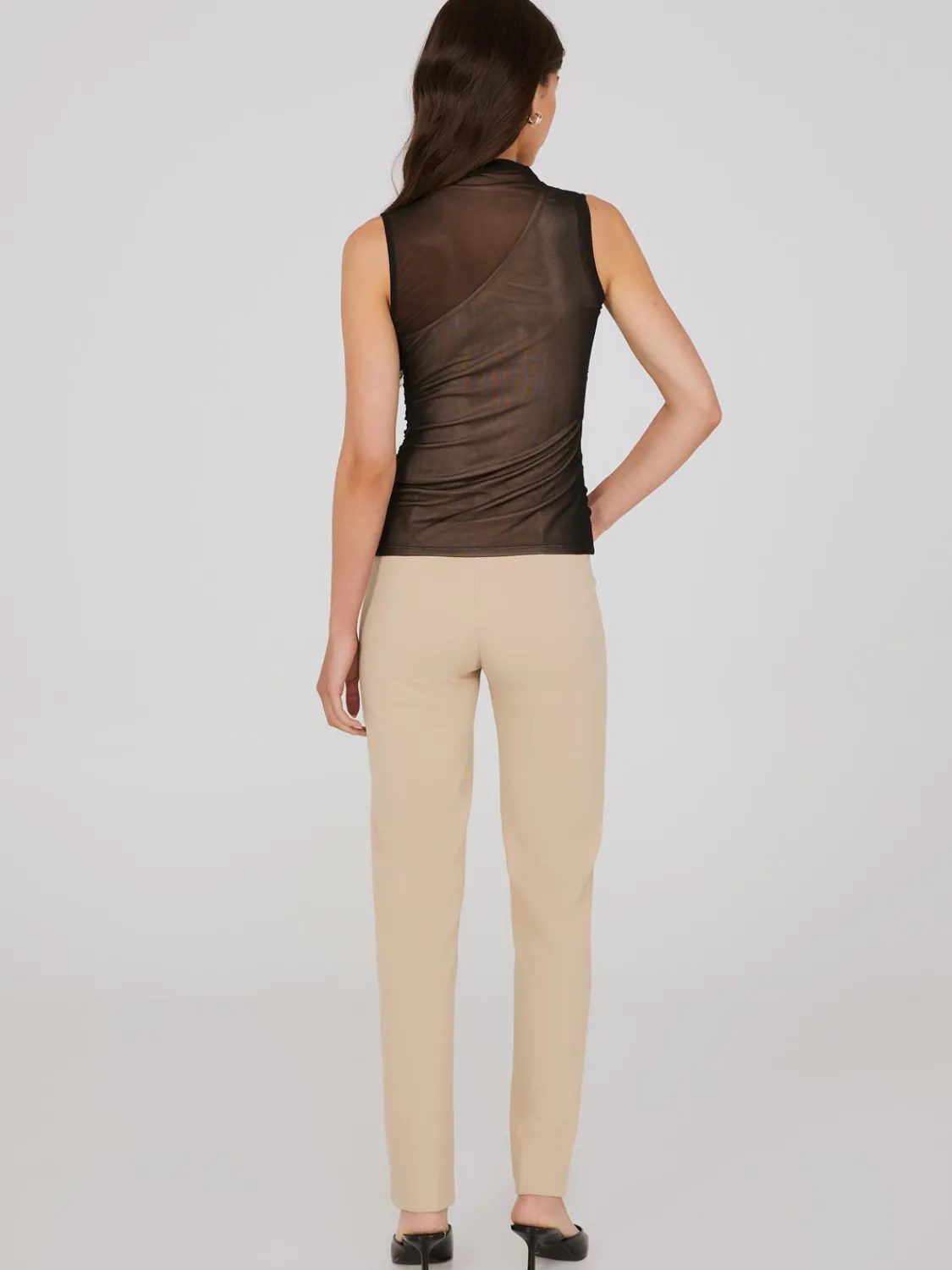 Suzy Shier Tops|Sleeveless>One-Shoulder Mock Neck Top With Mesh Overlay