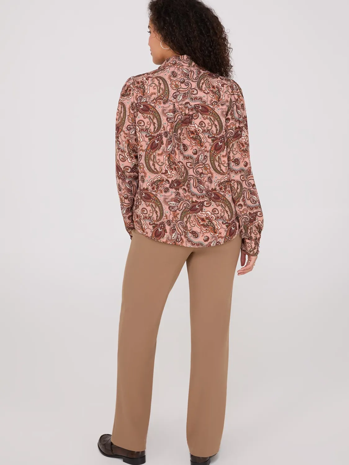 Suzy Shier Tops|Long Sleeve>Paisley Print Button-Front Bow Blouse