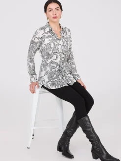 Suzy Shier Tops|Long Sleeve>Paisley Print Chiffon Belted Tunic Blouse