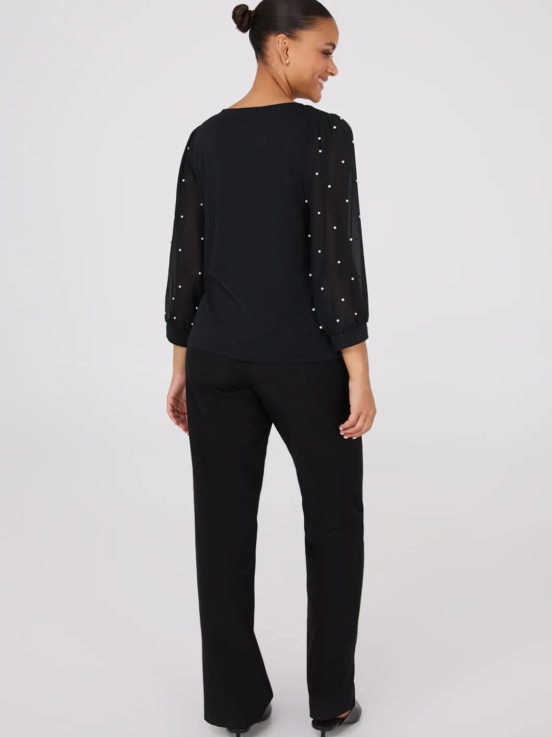 Suzy Shier Tops|Long Sleeve>Pearl Chiffon 3/4 Sleeve Top
