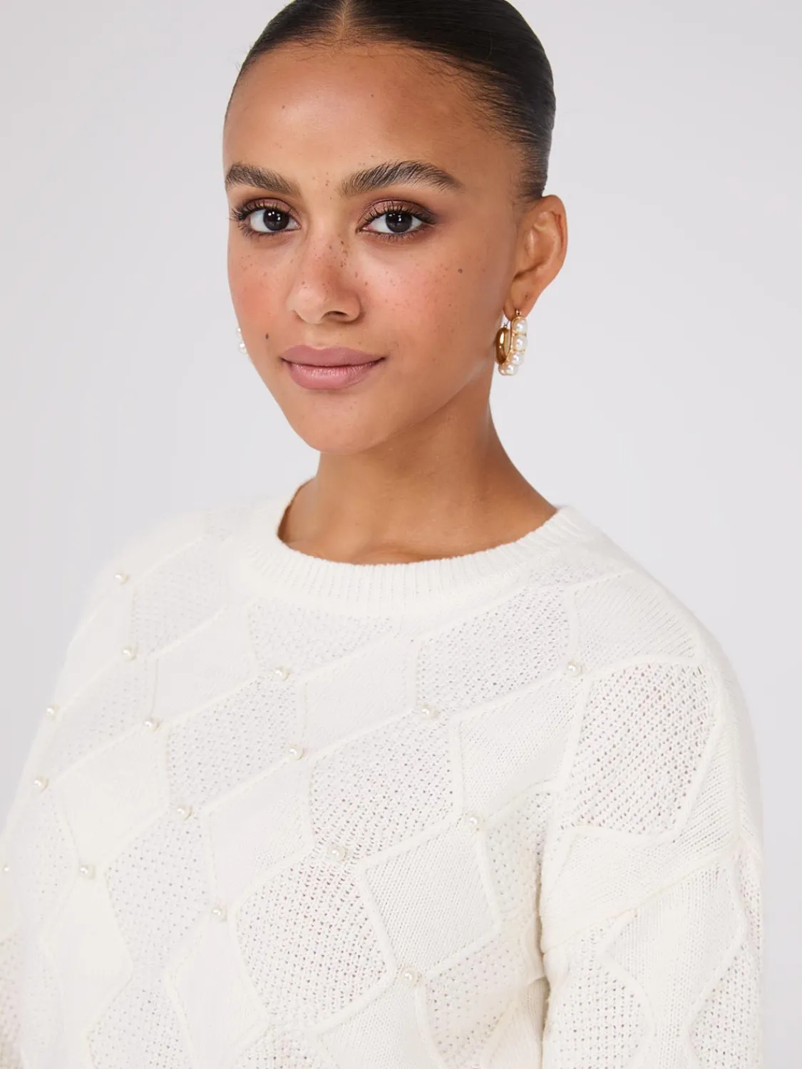 Suzy Shier Long Sleeve|Sweaters & Cardigans>Pearl Embellished Diamond Cable Sweater