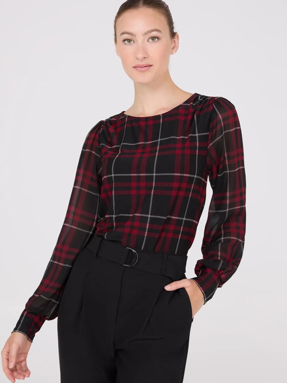 Suzy Shier Tops|Long Sleeve>Plaid Long Chiffon Sleeve Boat Neck Top