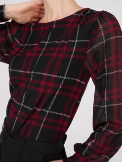 Suzy Shier Tops|Long Sleeve>Plaid Long Chiffon Sleeve Boat Neck Top