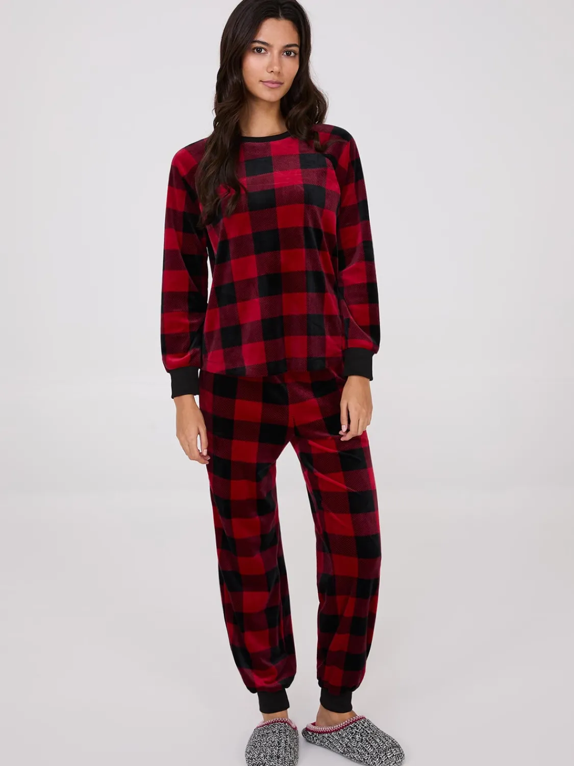 Suzy Shier Lounge & Pjs>Plaid Print Velour Pajama Set