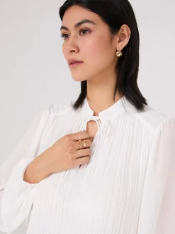 Suzy Shier Tops|Long Sleeve>Pleated Chiffon Split Neck Blouse
