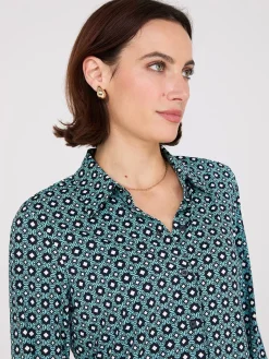 Suzy Shier Tops|Long Sleeve>Printed Button-Front Classic Blouse