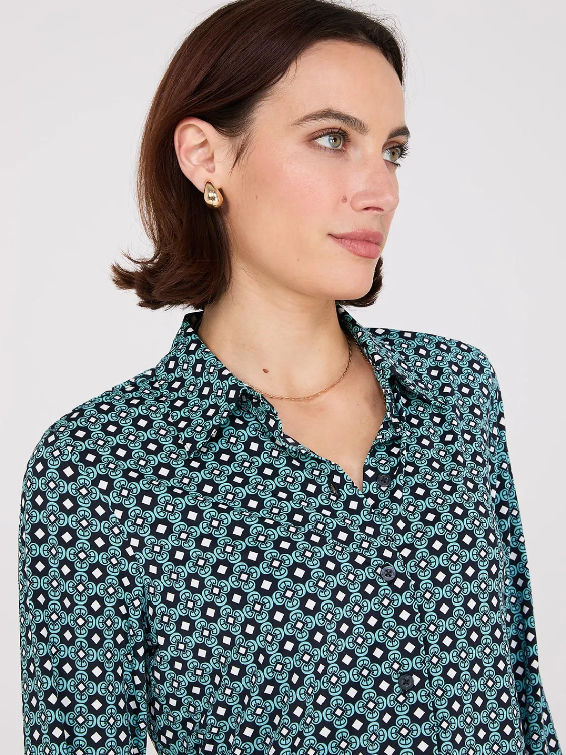 Suzy Shier Tops|Long Sleeve>Printed Button-Front Classic Blouse