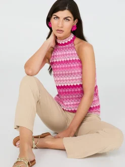 Suzy Shier Tops|Sleeveless>Printed Crochet Halter Neck Top