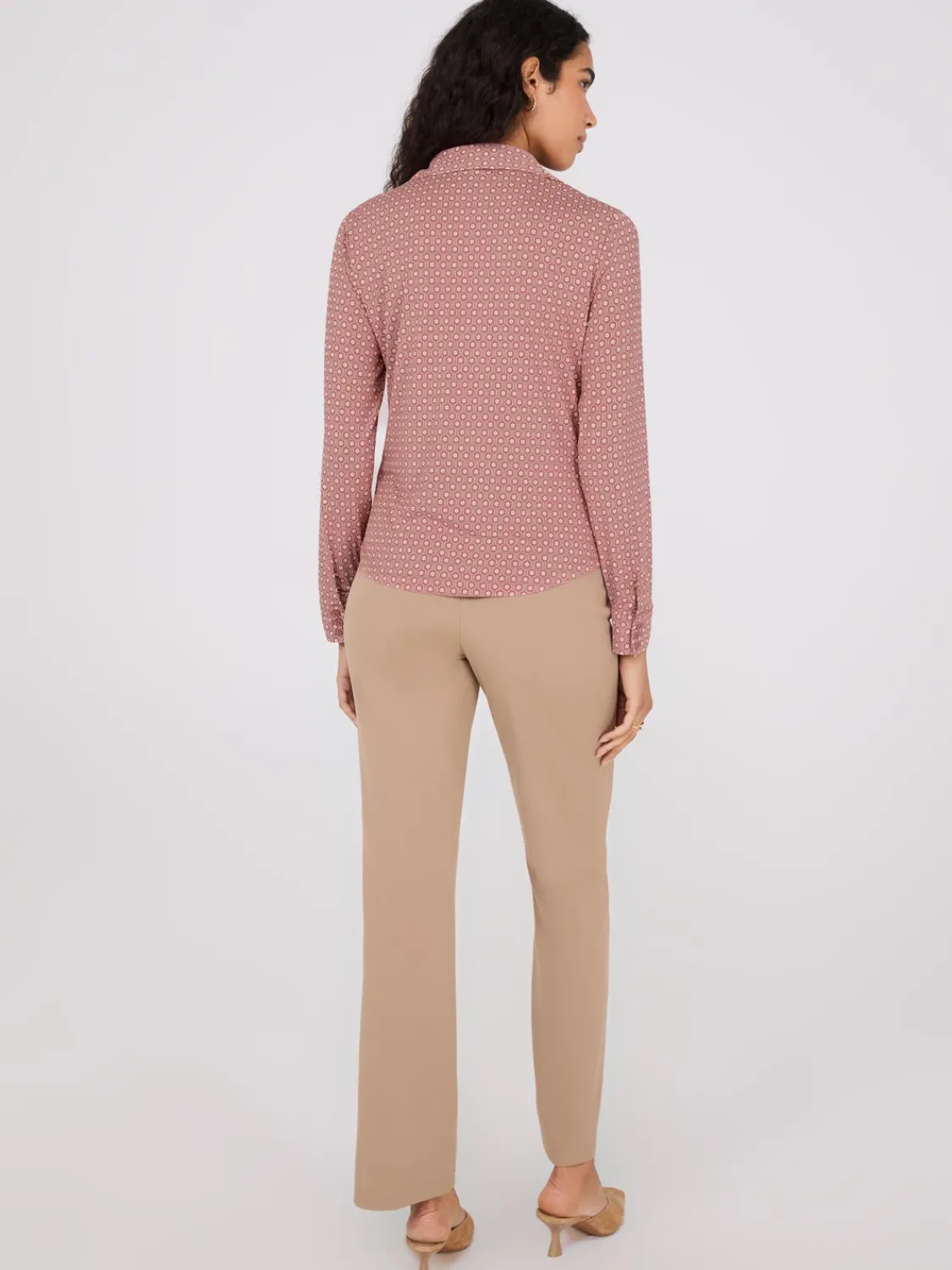Suzy Shier Tops|Long Sleeve>Printed Split Neck Button-Down Blouse
