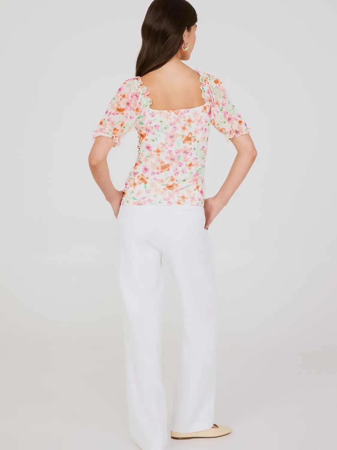 Suzy Shier Tops|Short Sleeve>Printed Sweetheart Neckline Top With Puff Sleeves