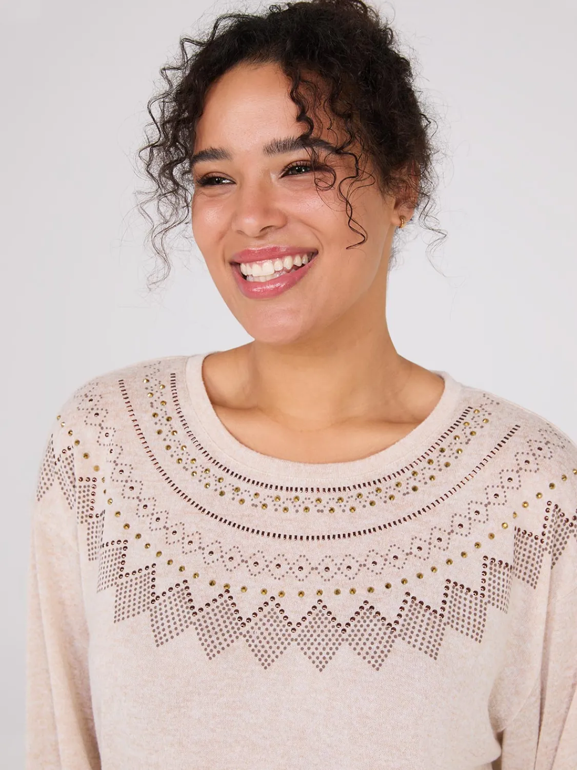 Suzy Shier Long Sleeve>Rhinestone Fair Isle Long Sleeve Top