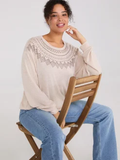 Suzy Shier Long Sleeve>Rhinestone Fair Isle Long Sleeve Top
