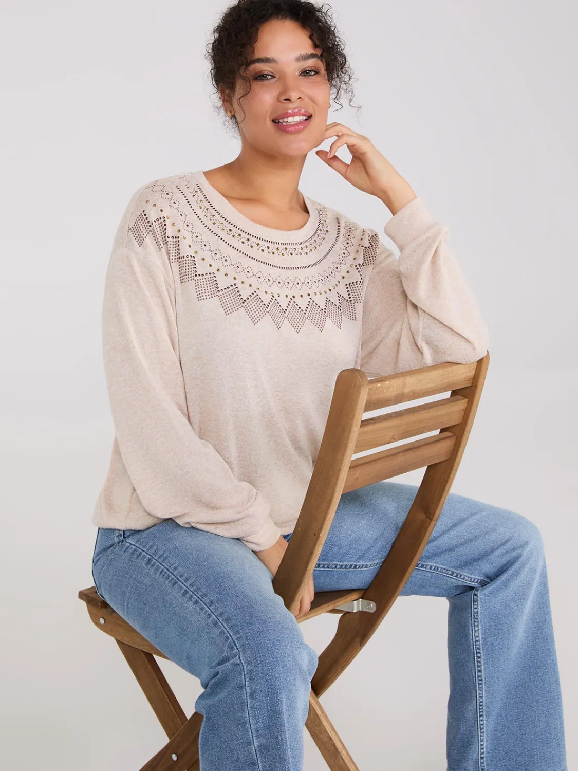 Suzy Shier Long Sleeve>Rhinestone Fair Isle Long Sleeve Top