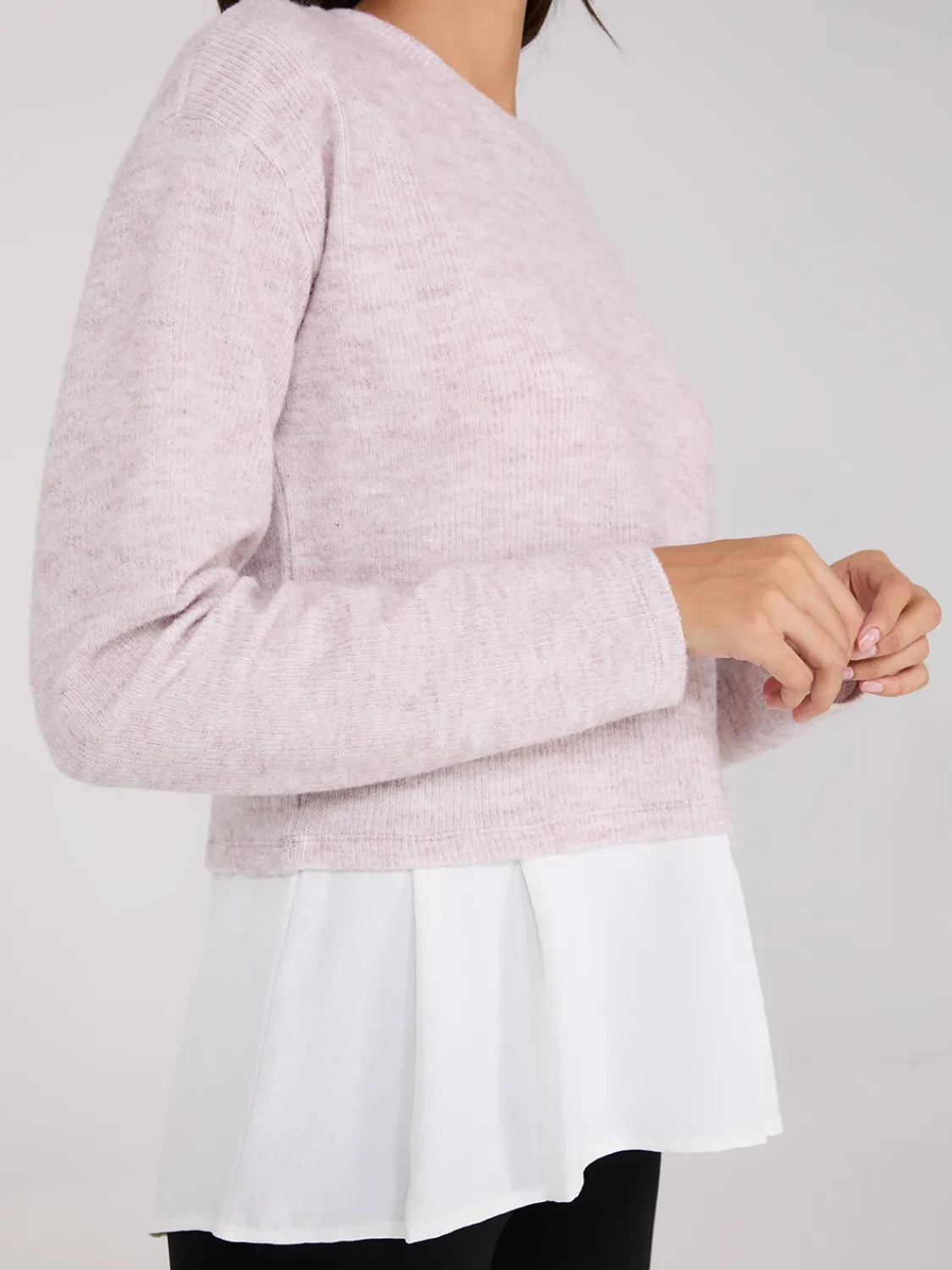Suzy Shier Long Sleeve>Ribbed Melange 2-Fer Top