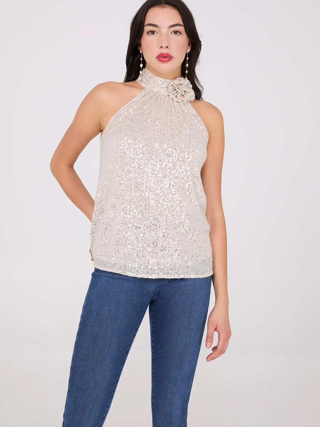 Suzy Shier Sleeveless|Fashion Tops>Rosette Halter Mock Neck Sequin Top