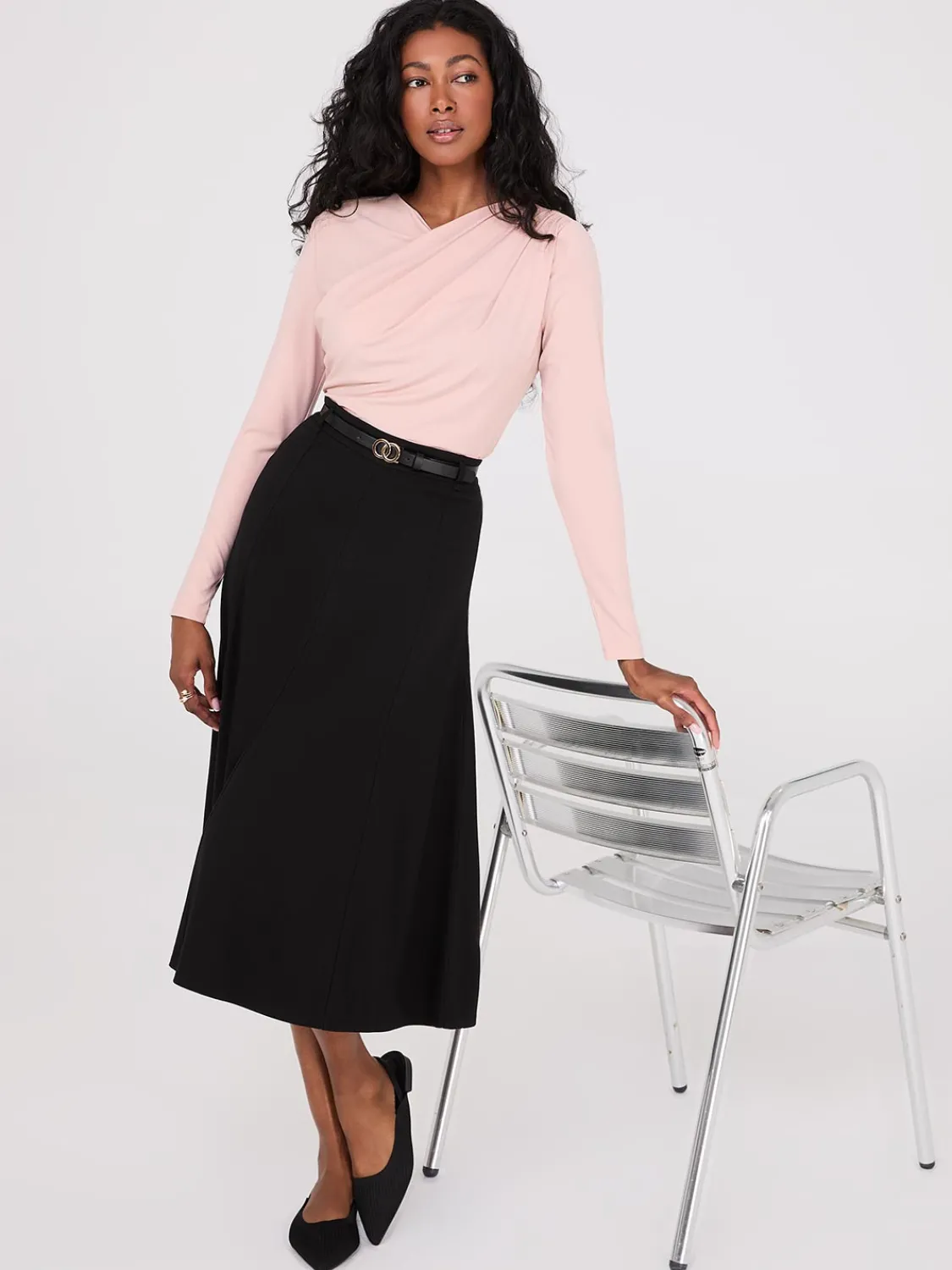 Suzy Shier Tops|Long Sleeve>Ruched Drape Neck Top