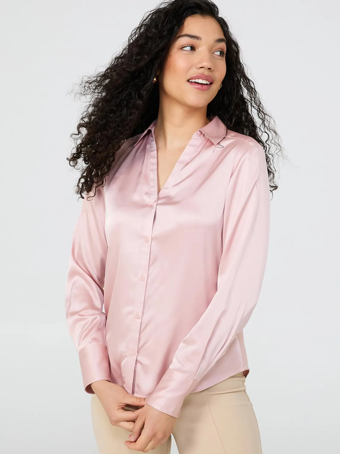 Suzy Shier Tops|Long Sleeve>Satin Button-Front Blouse