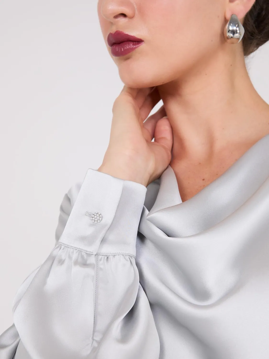 Suzy Shier Tops|Long Sleeve>Satin Cowl Neck Blouse