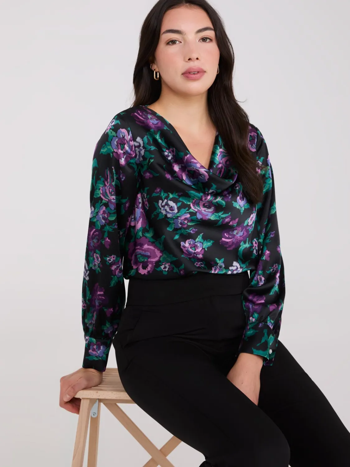 Suzy Shier Tops|Long Sleeve>Satin Floral Print Cowl Neck Blouse