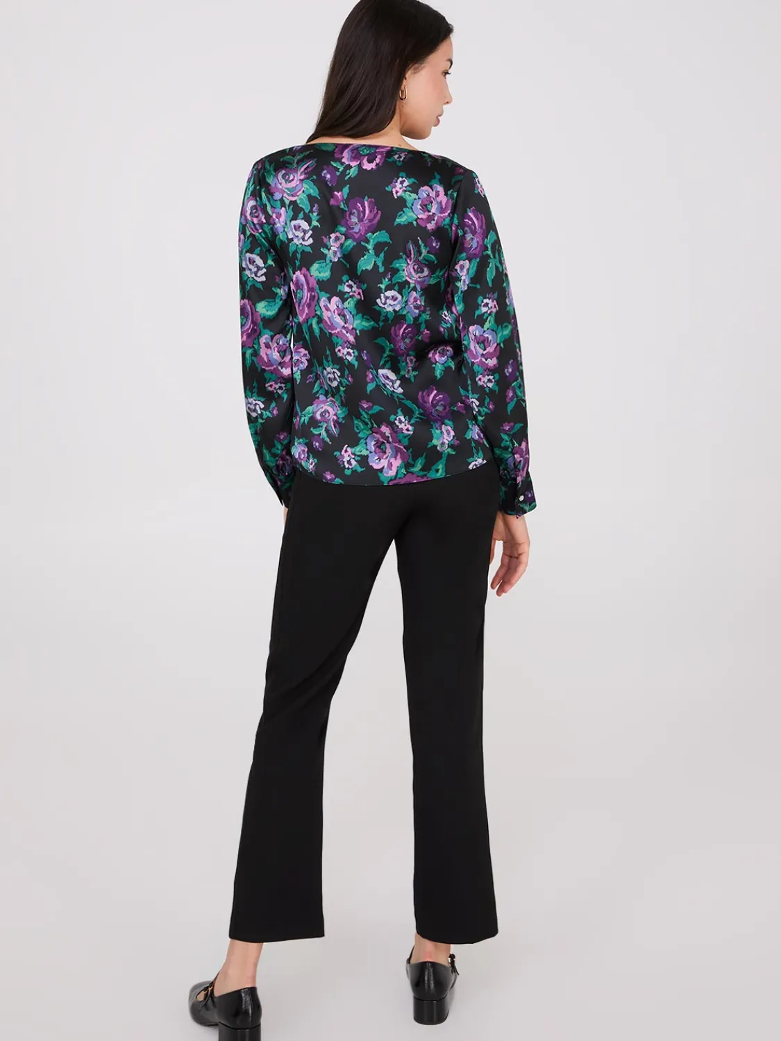 Suzy Shier Tops|Long Sleeve>Satin Floral Print Cowl Neck Blouse