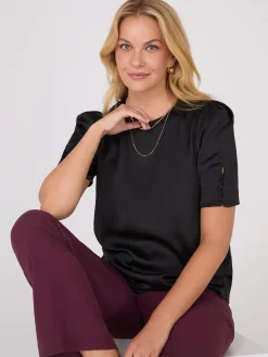Suzy Shier Tops|Short Sleeve>Satin Puff Sleeve Popover Top