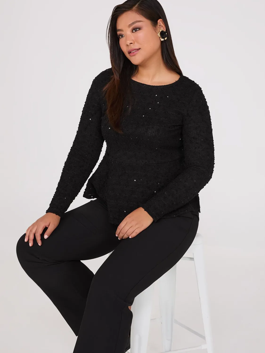 Suzy Shier Tops|Long Sleeve>Sequin Boucle Peplum Top