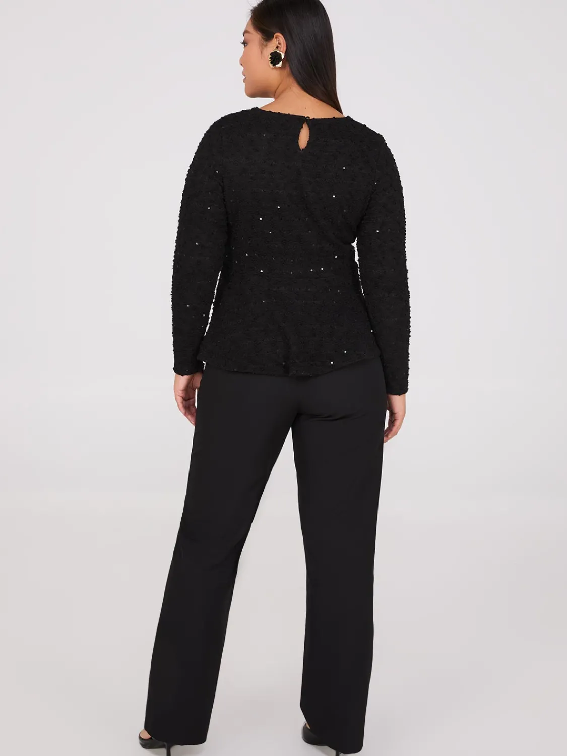 Suzy Shier Tops|Long Sleeve>Sequin Boucle Peplum Top