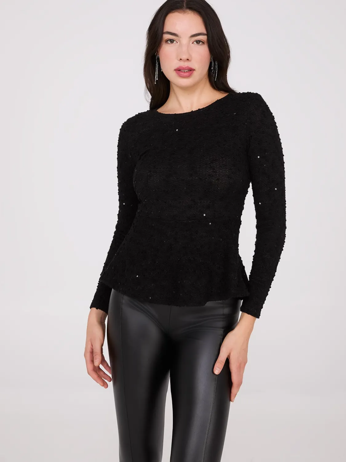 Suzy Shier Tops|Long Sleeve>Sequin Boucle Peplum Top